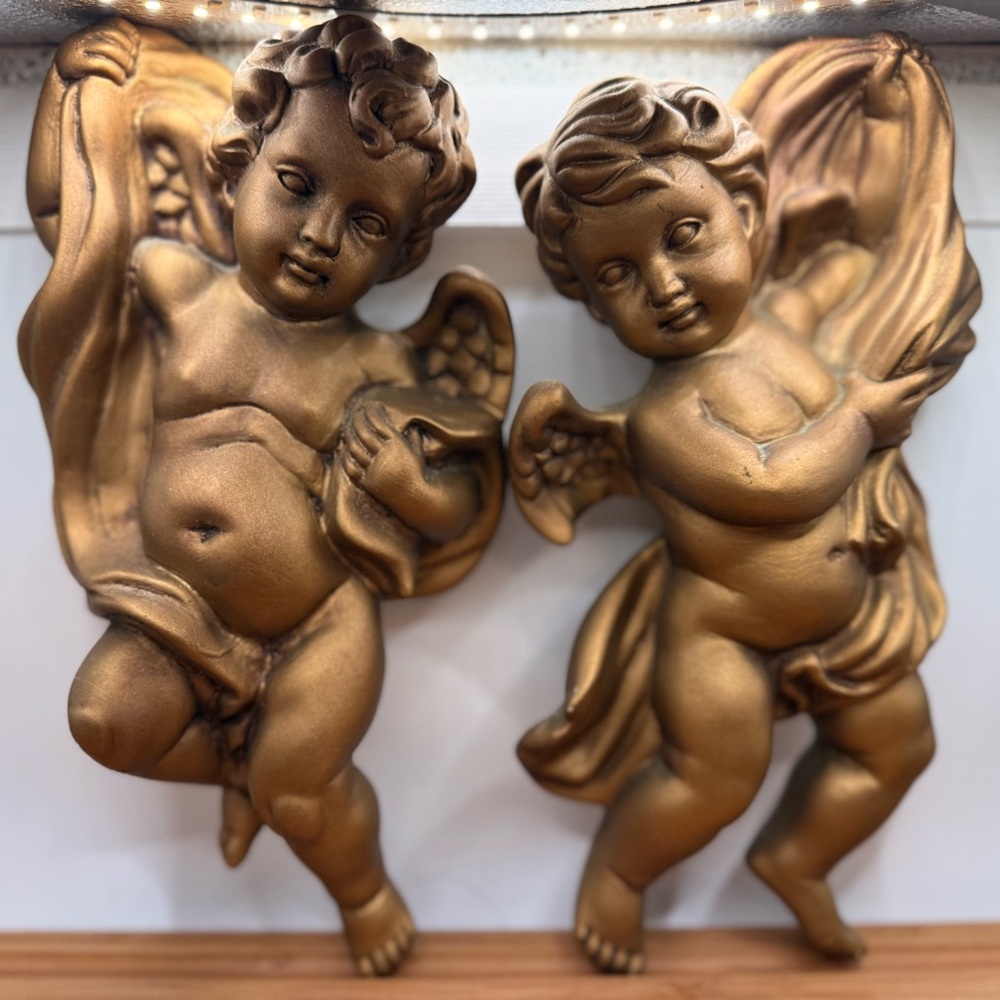 Vintage HOMCO Gold Cherub Wall Plaques Set of 2 | 1980s Angel Wall Decor #1120